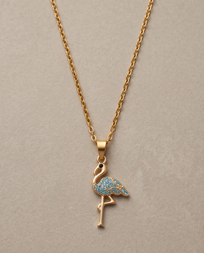 Gold Blue Crystal Paved Flamingo Pendant Necklace