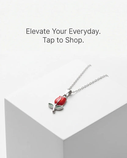 Silver Red Enamel Tulip Pendant Necklace