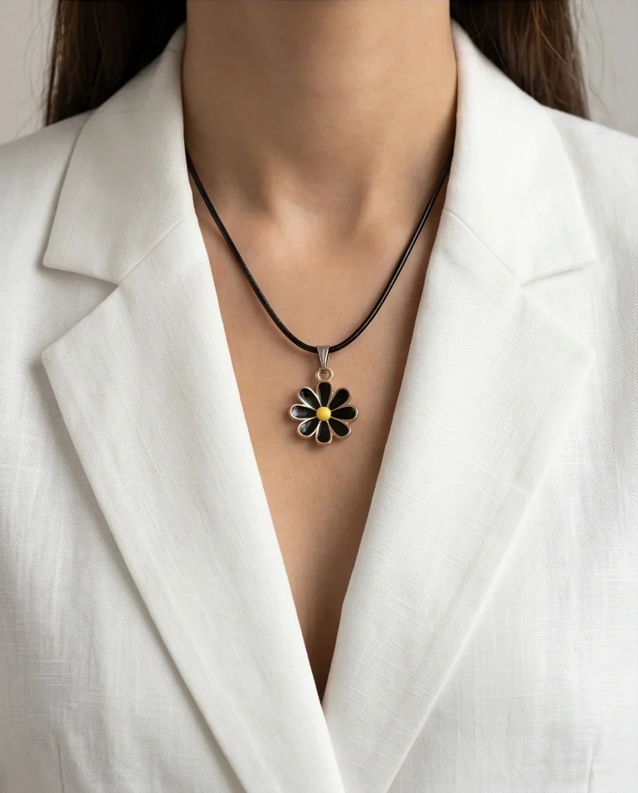 Gold and Black Daisy Pendant Necklace