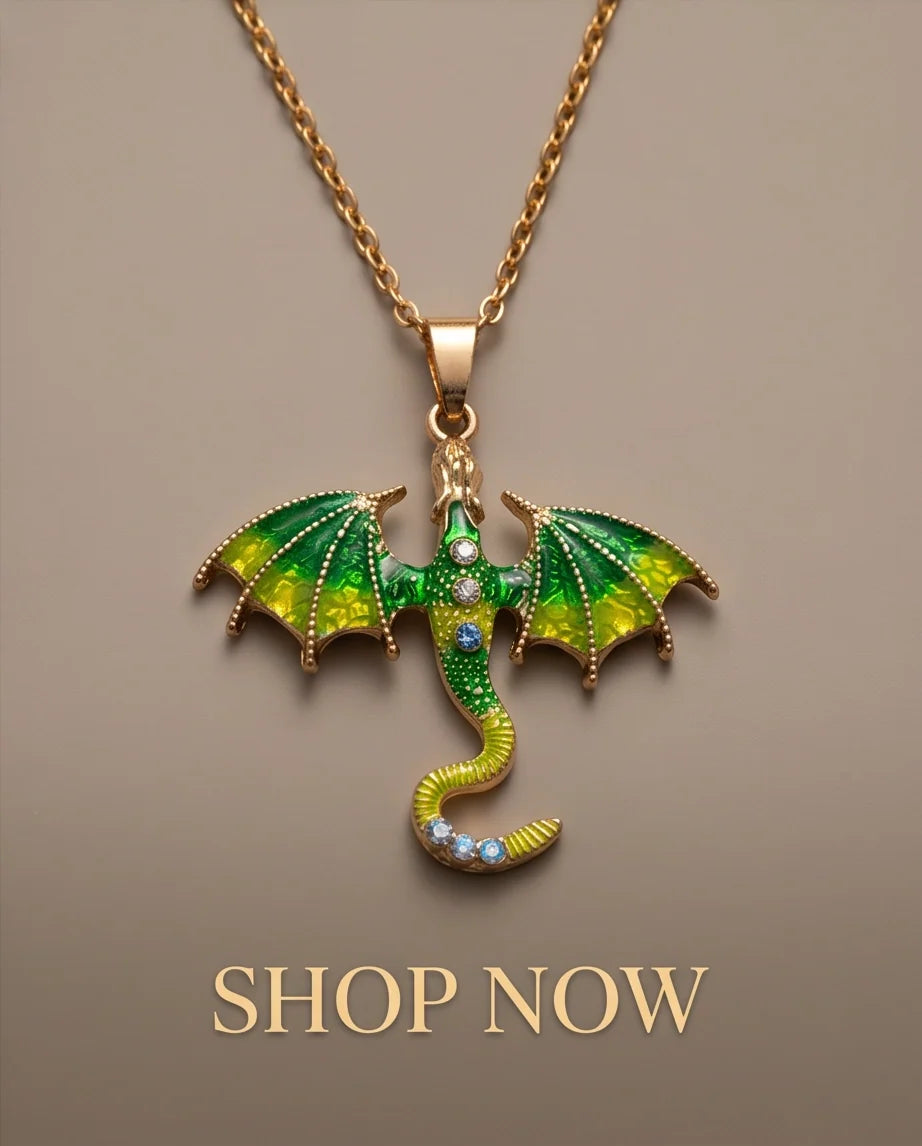 Gold Green Enamel Dragon Wyvern Pendant Necklace