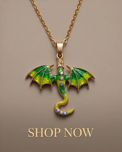 Gold Green Enamel Dragon Wyvern Pendant Necklace