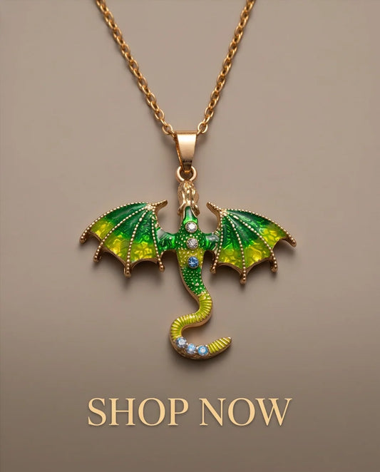Gold Green Enamel Dragon Wyvern Pendant Necklace