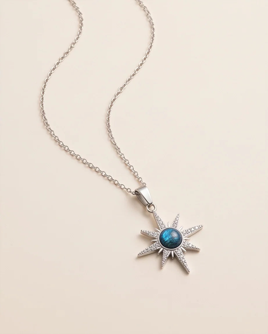 Silver Crystal Paved North Star Cosmic Orb Pendant Necklace