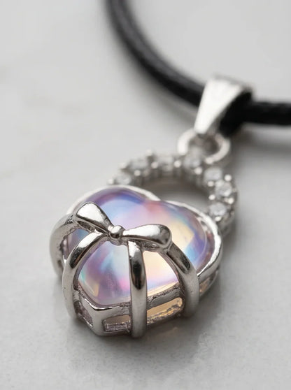 Opalite Heart Bow Lock Pendant Necklace