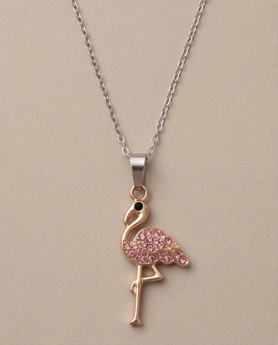 Gold Pink Crystal Paved Flamingo Pendant Necklace