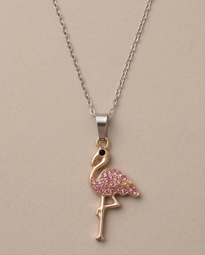 Gold Pink Crystal Paved Flamingo Pendant Necklace