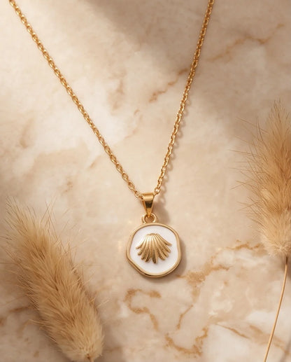 Gold White Enamel Seashell Medallion Pendant Necklace