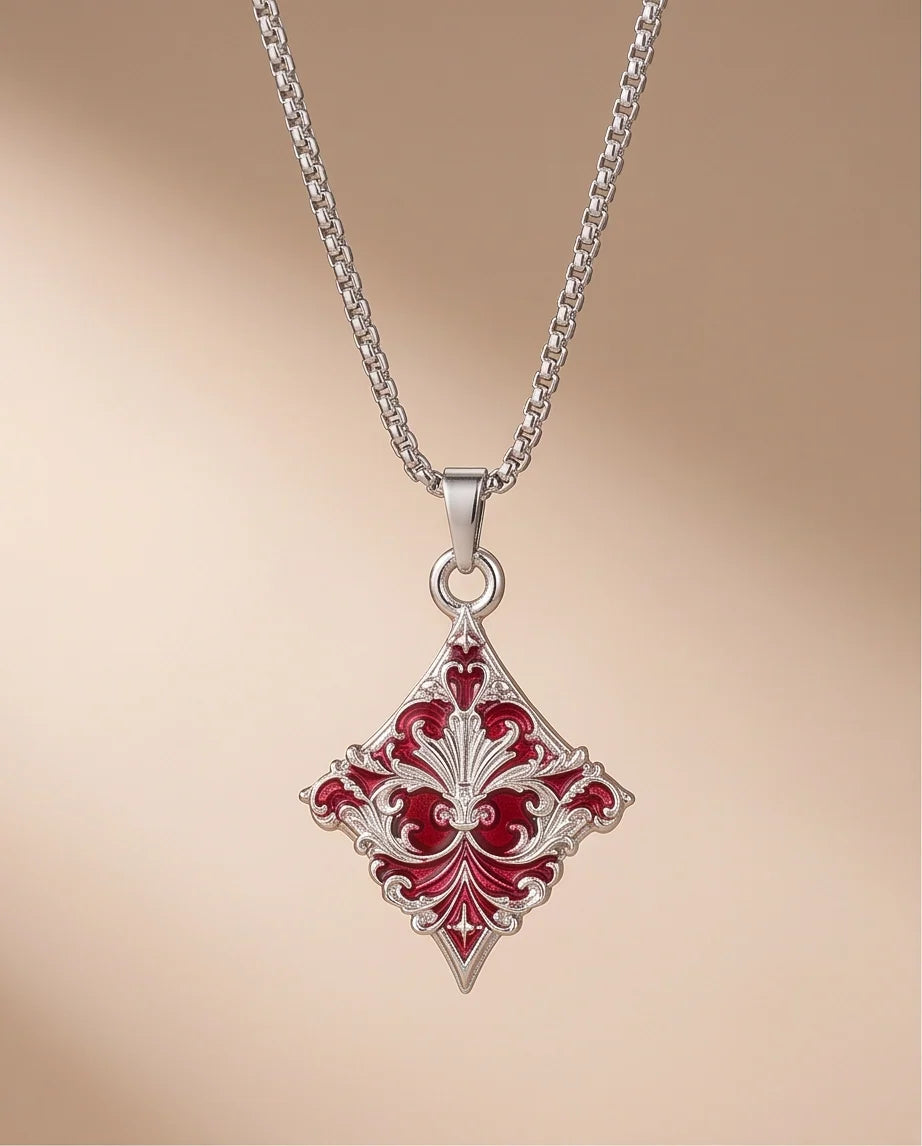 Silver Red Enamel Filigree Diamond Pendant Necklace