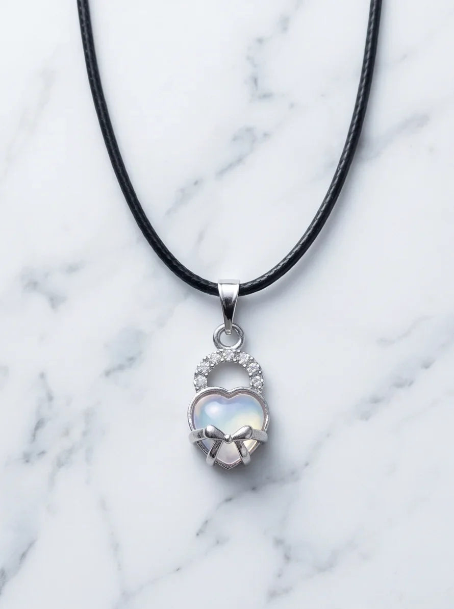 Opalite Heart Bow Lock Pendant Necklace