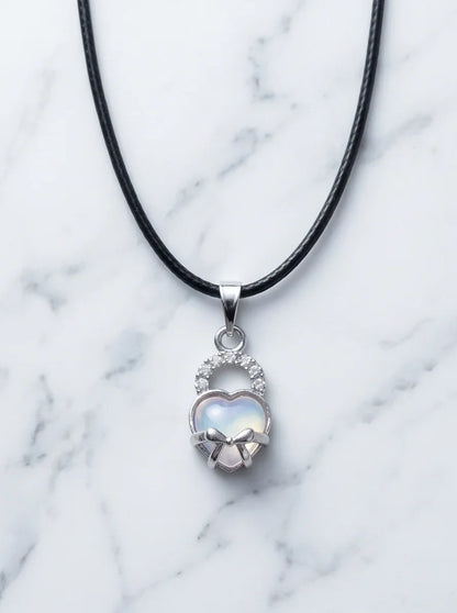 Opalite Heart Bow Lock Pendant Necklace