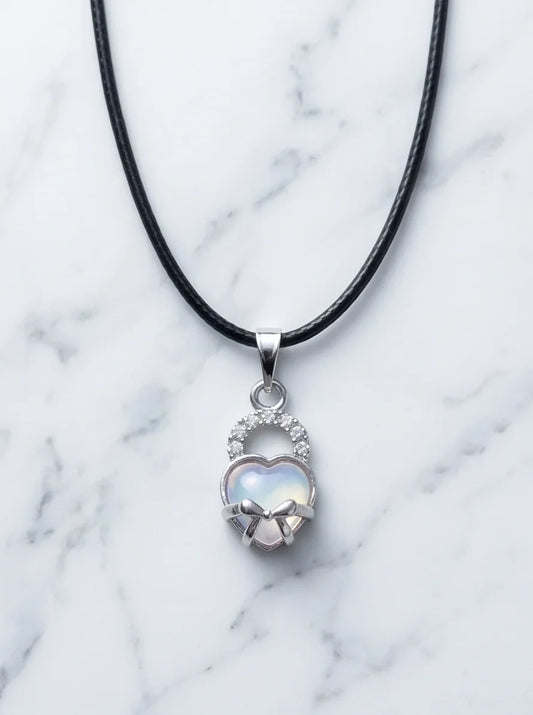 Opalite Heart Bow Lock Pendant Necklace
