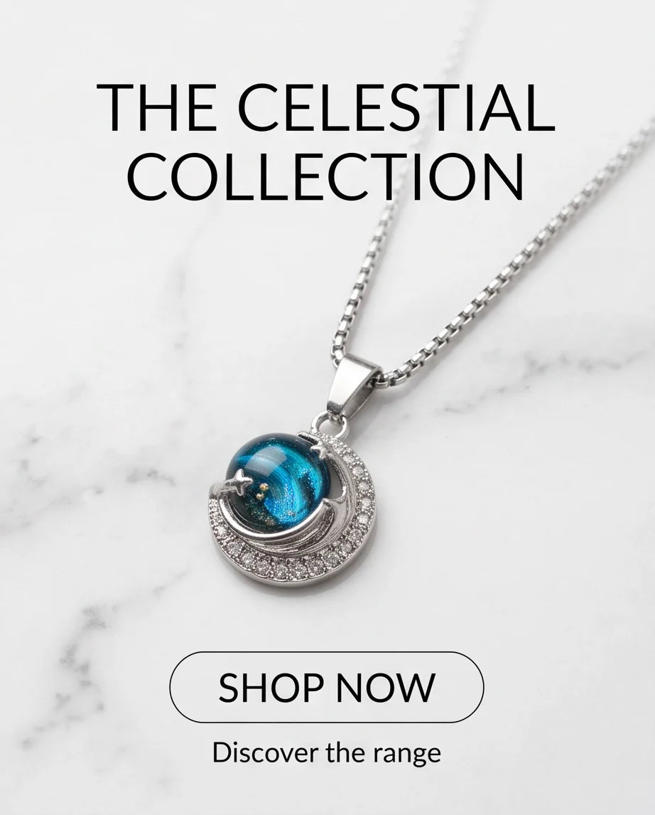 Silver Crystal Crescent Moon Cosmic Galaxy Orb Pendant Necklace