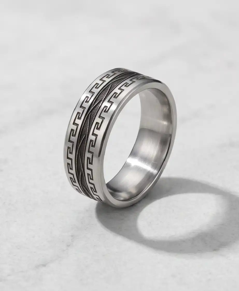 Greek Key Meander Texture Band Ring