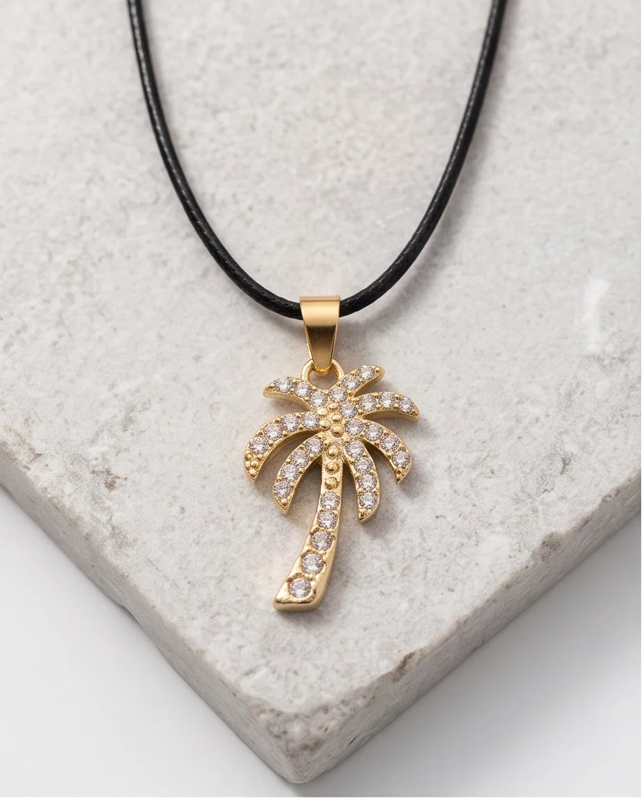 Gold Crystal Pavé Palm Tree Pendant Necklace