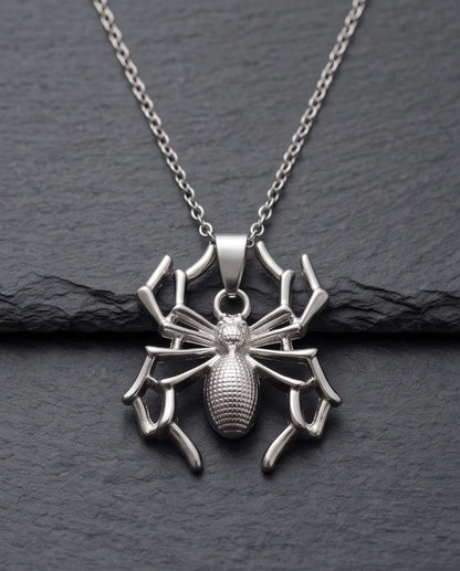 Silver Textured Spider Pendant Necklace