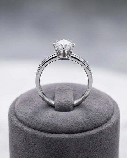 Silver Round Gemstone Grooved Solitaire Ring