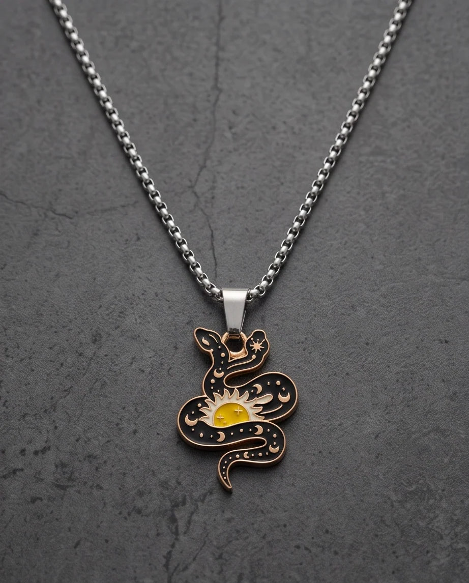 Gold Sunburst Serpent Enamel Pendant Necklace