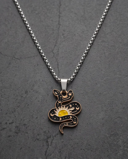 Gold Sunburst Serpent Enamel Pendant Necklace