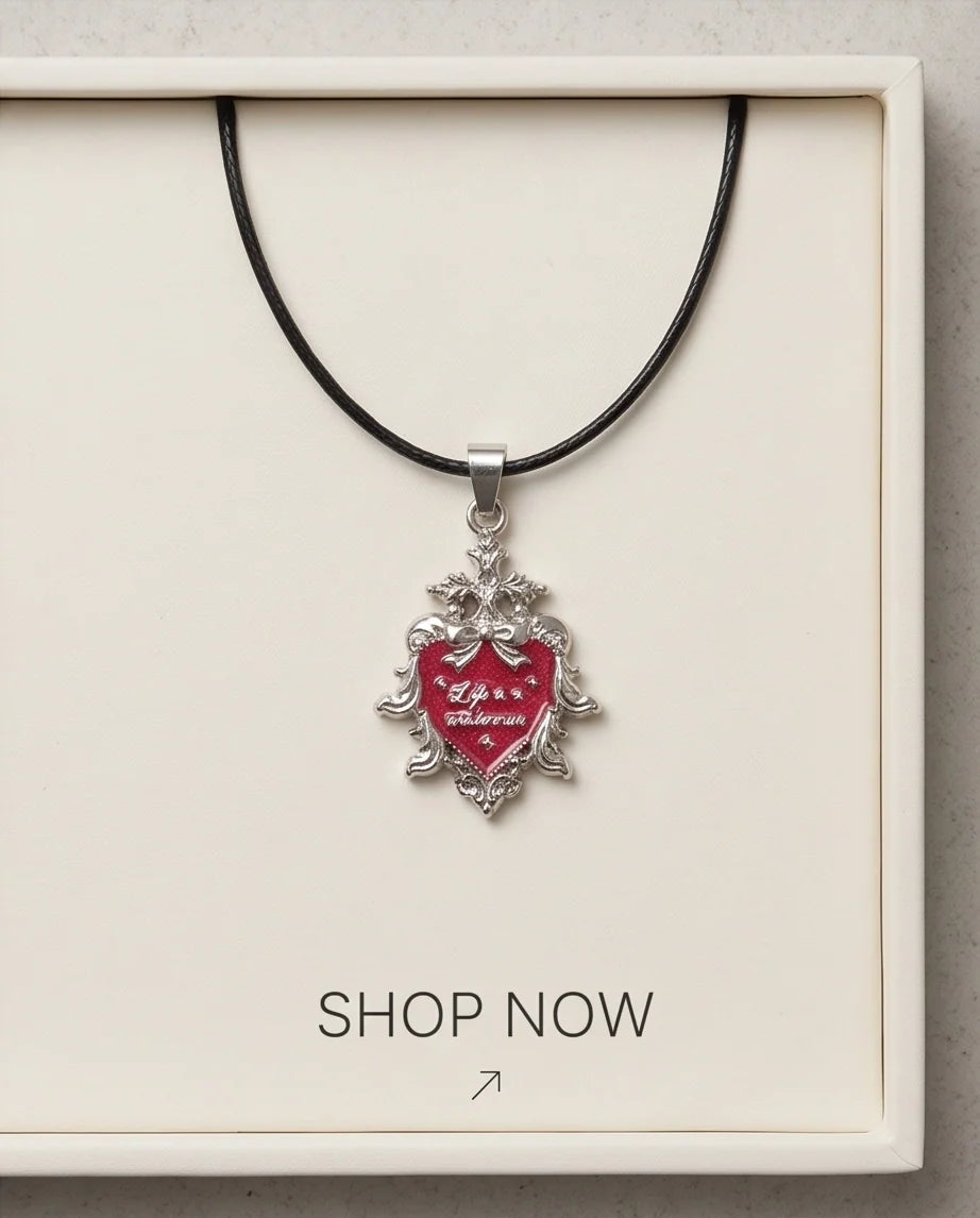 Silver Vintage Heart Engraved Red Enamel Pendant Necklace