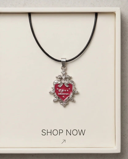 Silver Vintage Heart Engraved Red Enamel Pendant Necklace