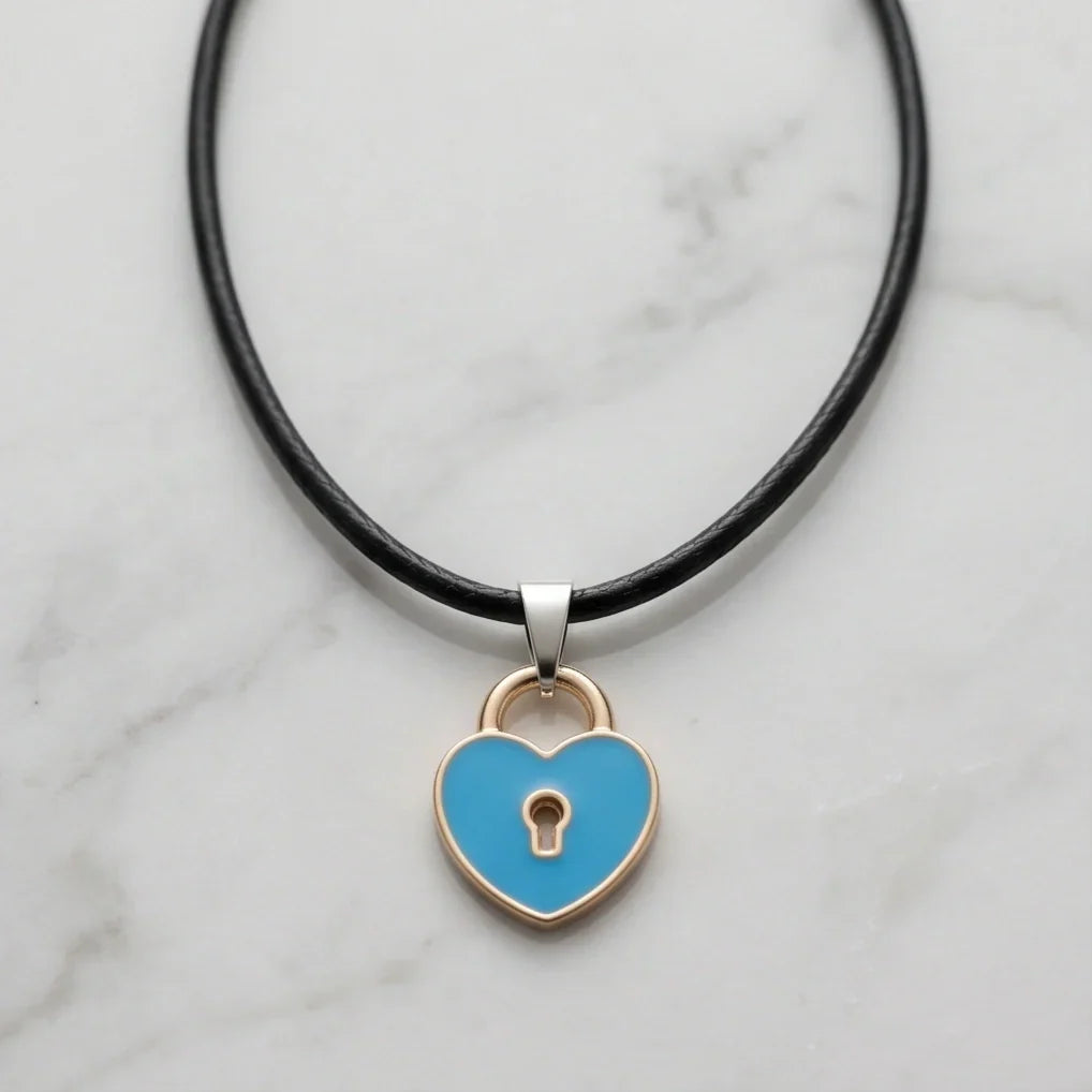 Gold and Pastel Blue Heart Lock Necklace