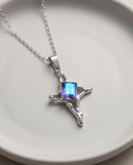 Silver Blue-Purple Gemstone Gothic Cross Pendant Necklace