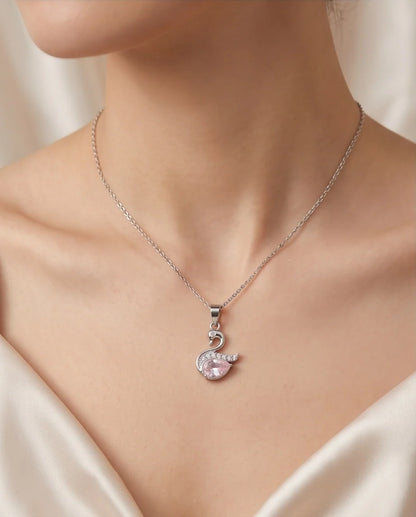 Silver Pink Crystal Swan Pendant Necklace