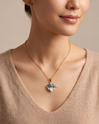 Gold Blue Enamel Butterfly & Pearl Rose Cluster Pendant Necklace