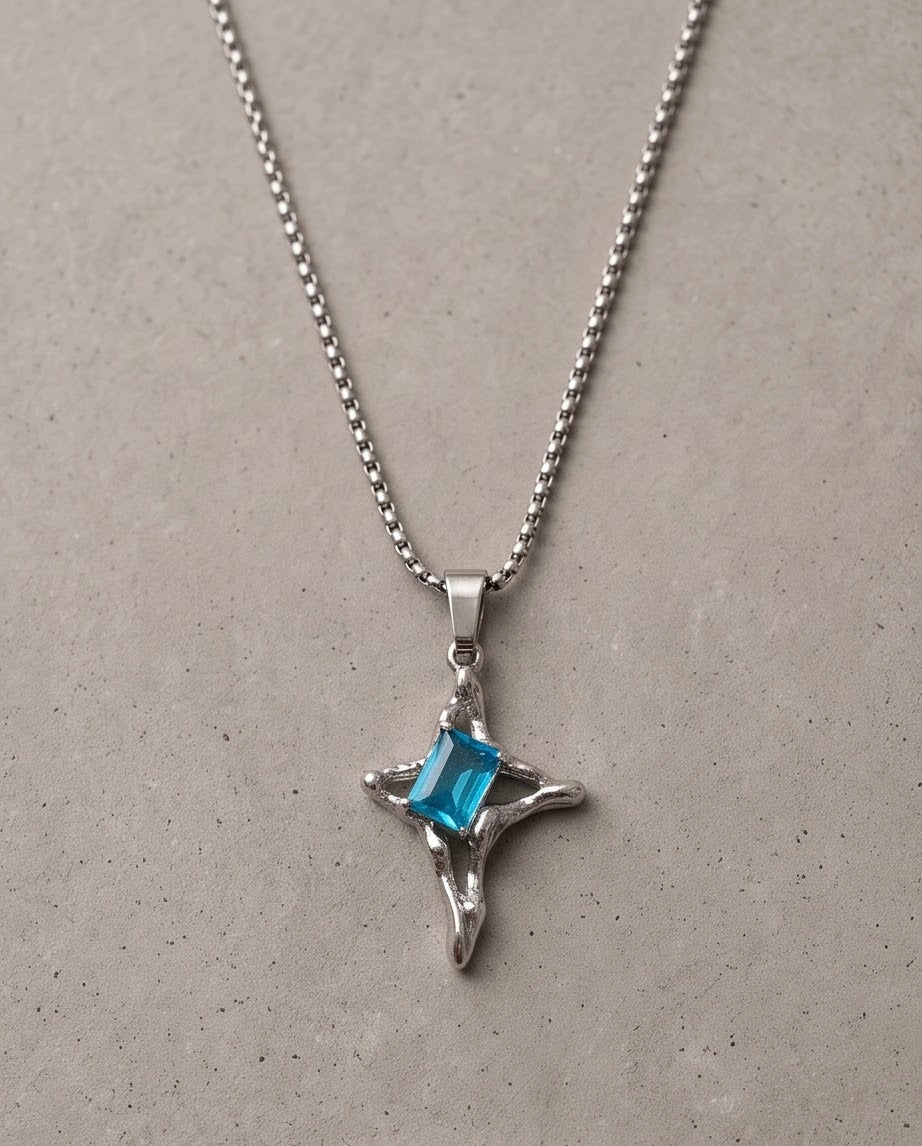 Silver Blue Gemstone Gothic Cross Pendant Necklace