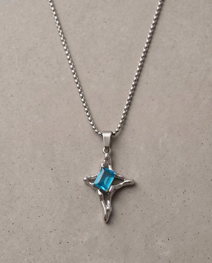 Silver Blue Gemstone Gothic Cross Pendant Necklace