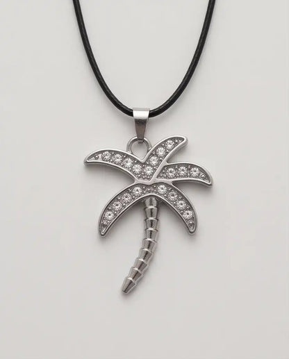 Iced Palm Tree Pendant Silver Box Chain Necklace