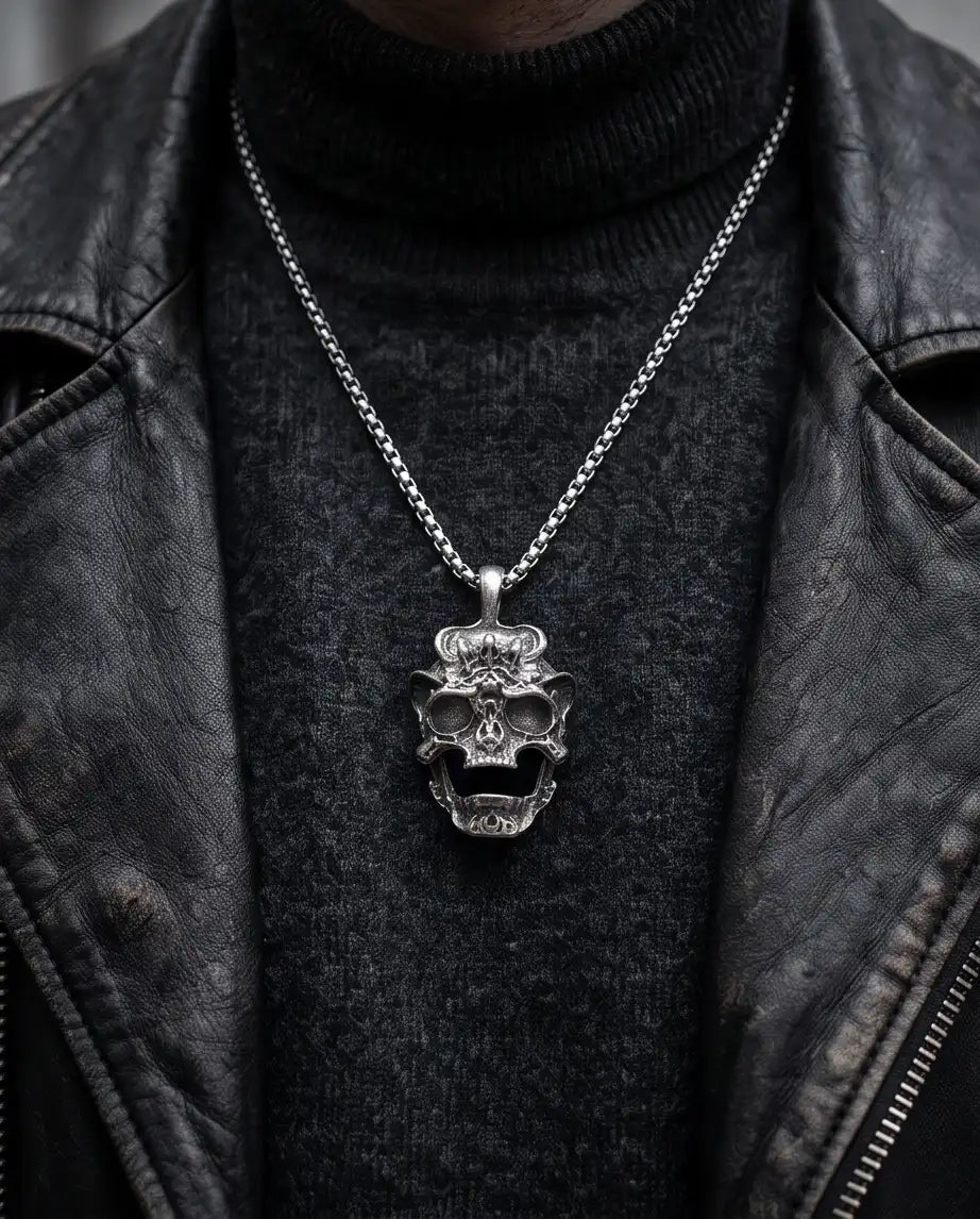 Gothic Screaming Demon Skull Pendant Silver Box Chain Necklace