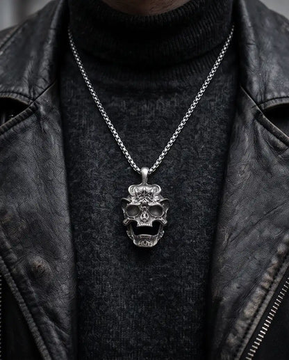 Gothic Screaming Demon Skull Pendant Silver Box Chain Necklace