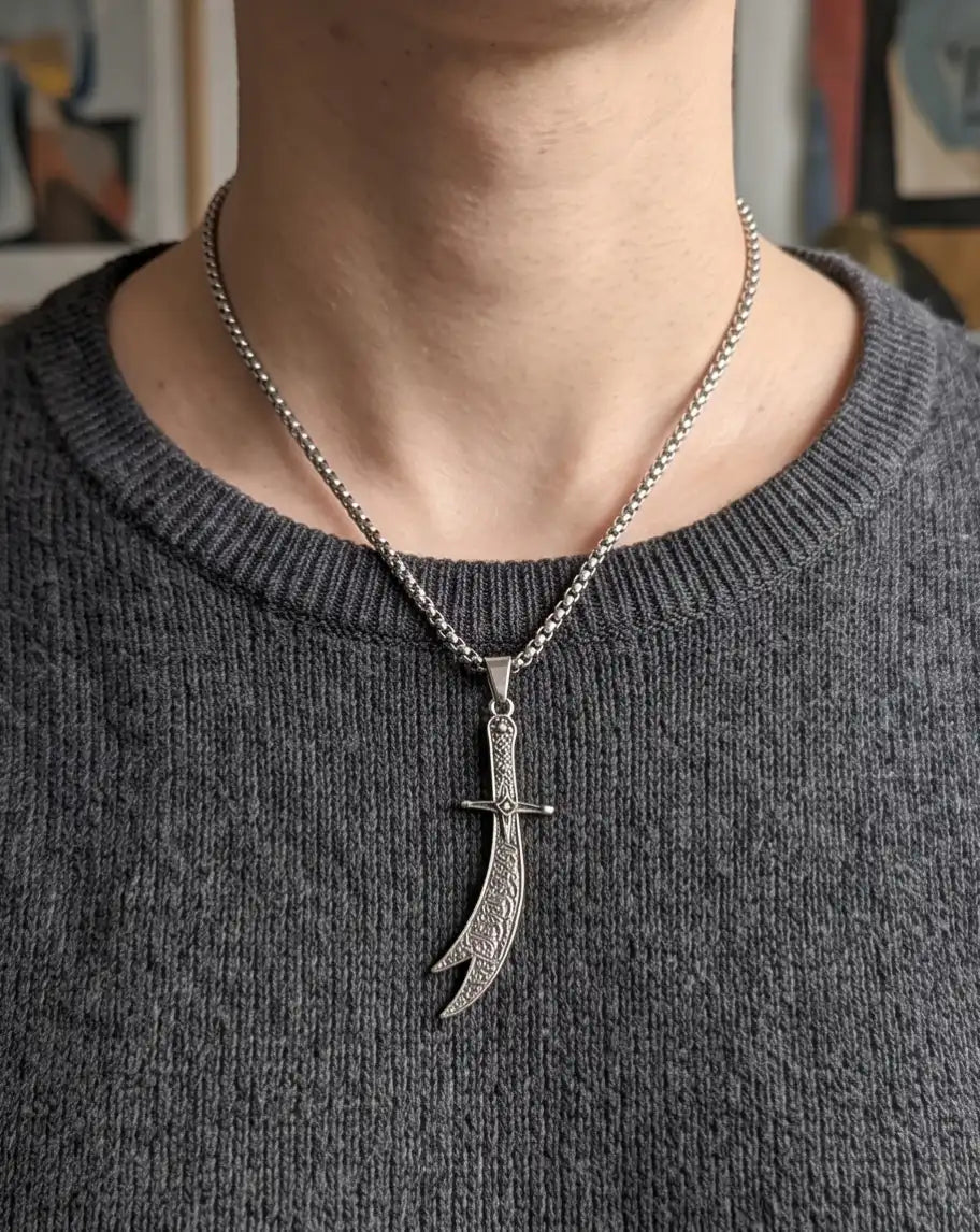 Antiqued Zulfiqar Sword Pendant Silver Box Chain Necklace