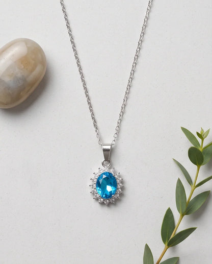 Silver Aquamarine Blue Oval Halo Medallion Pendant Necklace
