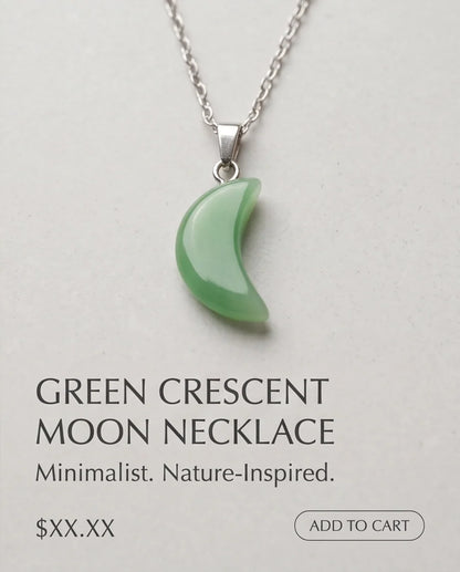 Silver Jade Green Crescent Moon Pendant Necklace