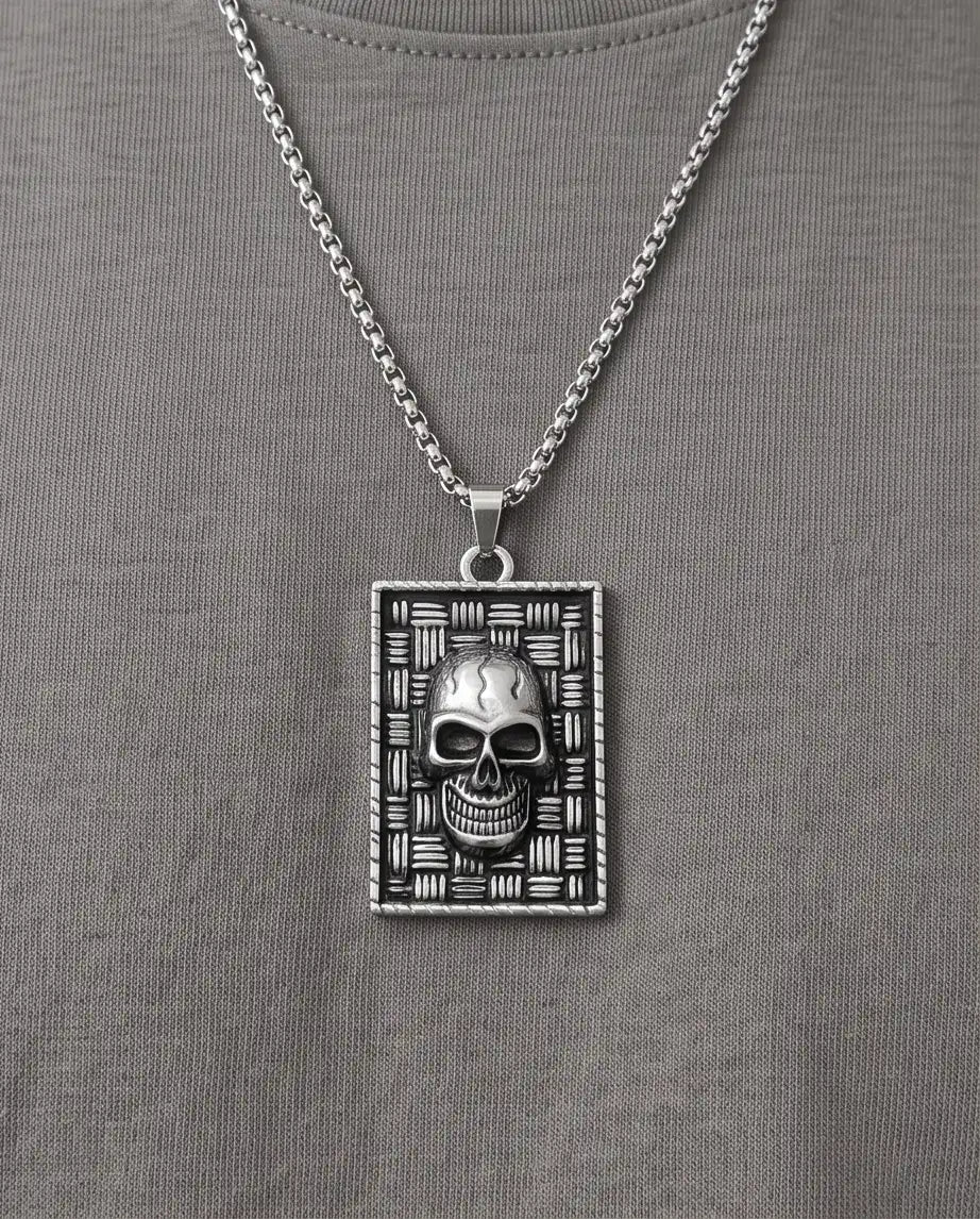 Gothic Skull Basketweave Tag Silver Box Chain Necklace