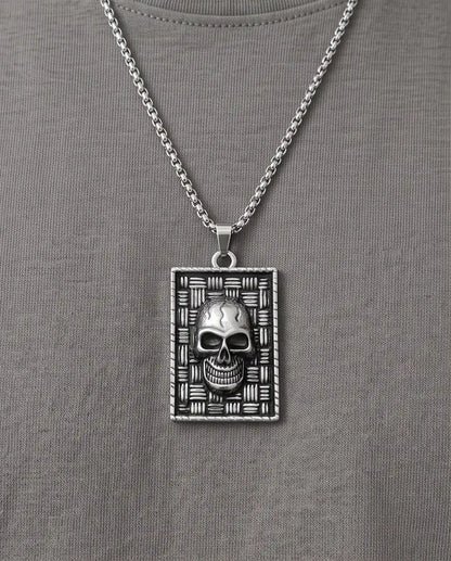 Gothic Skull Basketweave Tag Silver Box Chain Necklace