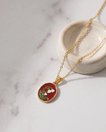 Gold Red Lily of the Valley Enamel Medallion Chain Necklace