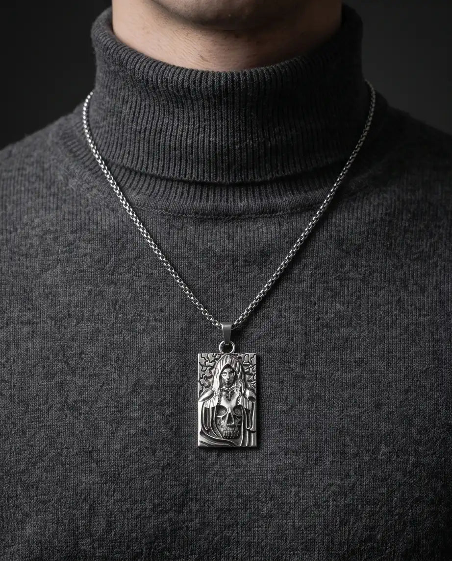 Hooded Grim Reaper Skull Dog Tag Pendant Box Chain