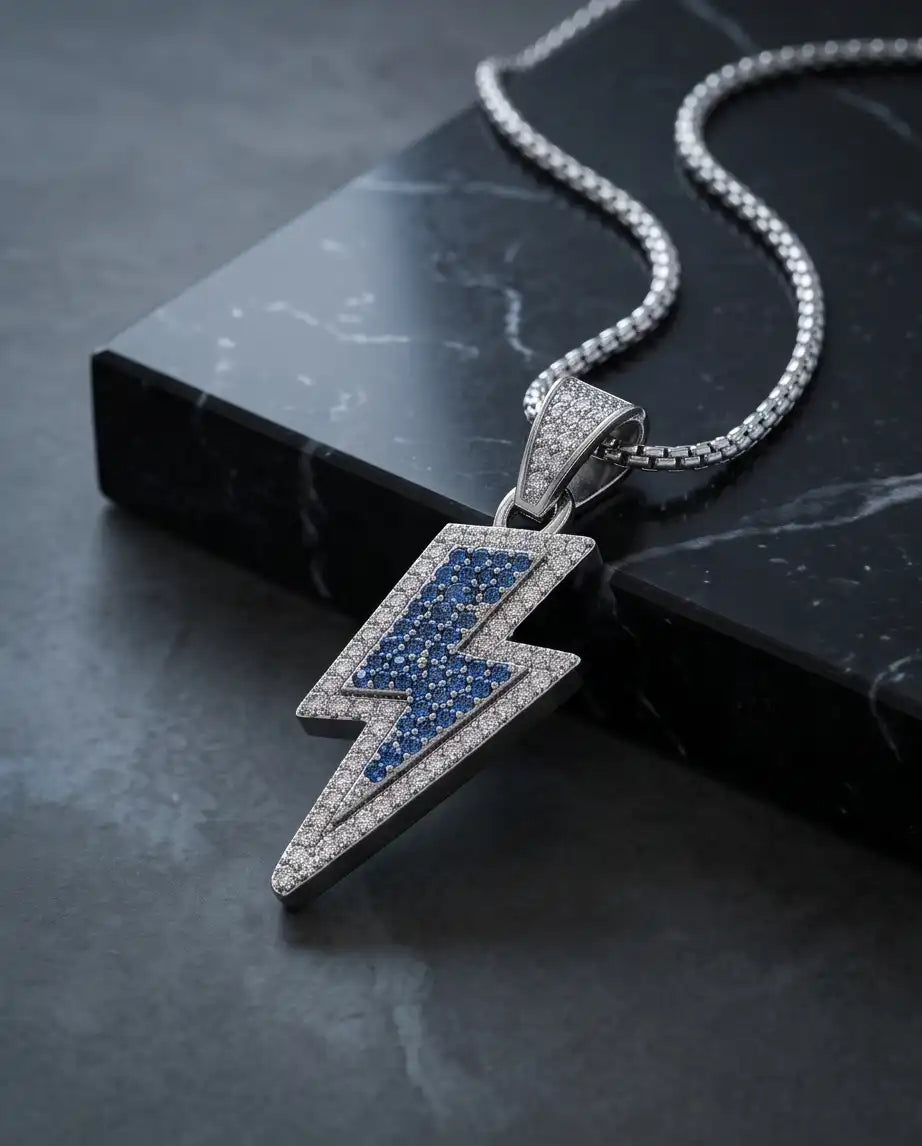 Blue Iced Lightning Bolt Pendant Box Chain