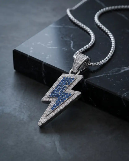 Blue Iced Lightning Bolt Pendant Box Chain