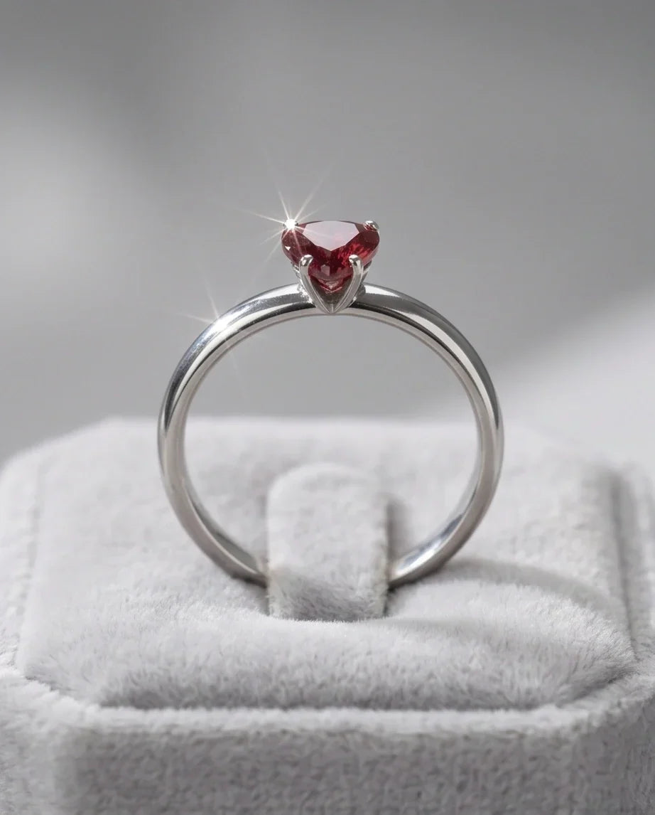 Sterling Silver Heart-Cut Crimson Ruby Solitaire Ring