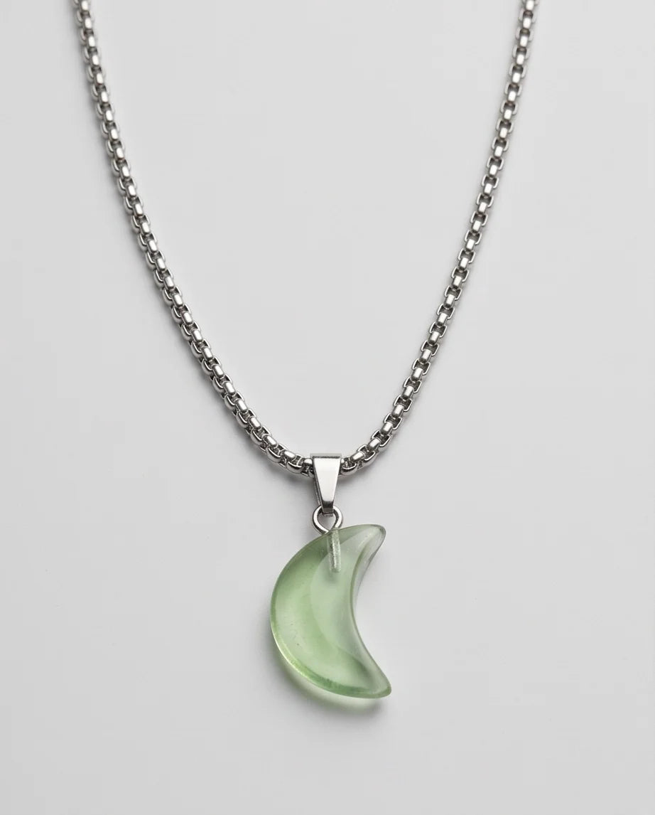 Silver Fluorite Light Green Crescent Moon Pendant Necklace