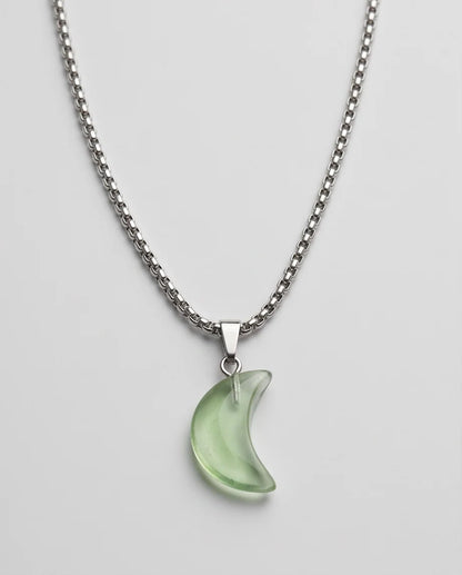 Silver Fluorite Light Green Crescent Moon Pendant Necklace