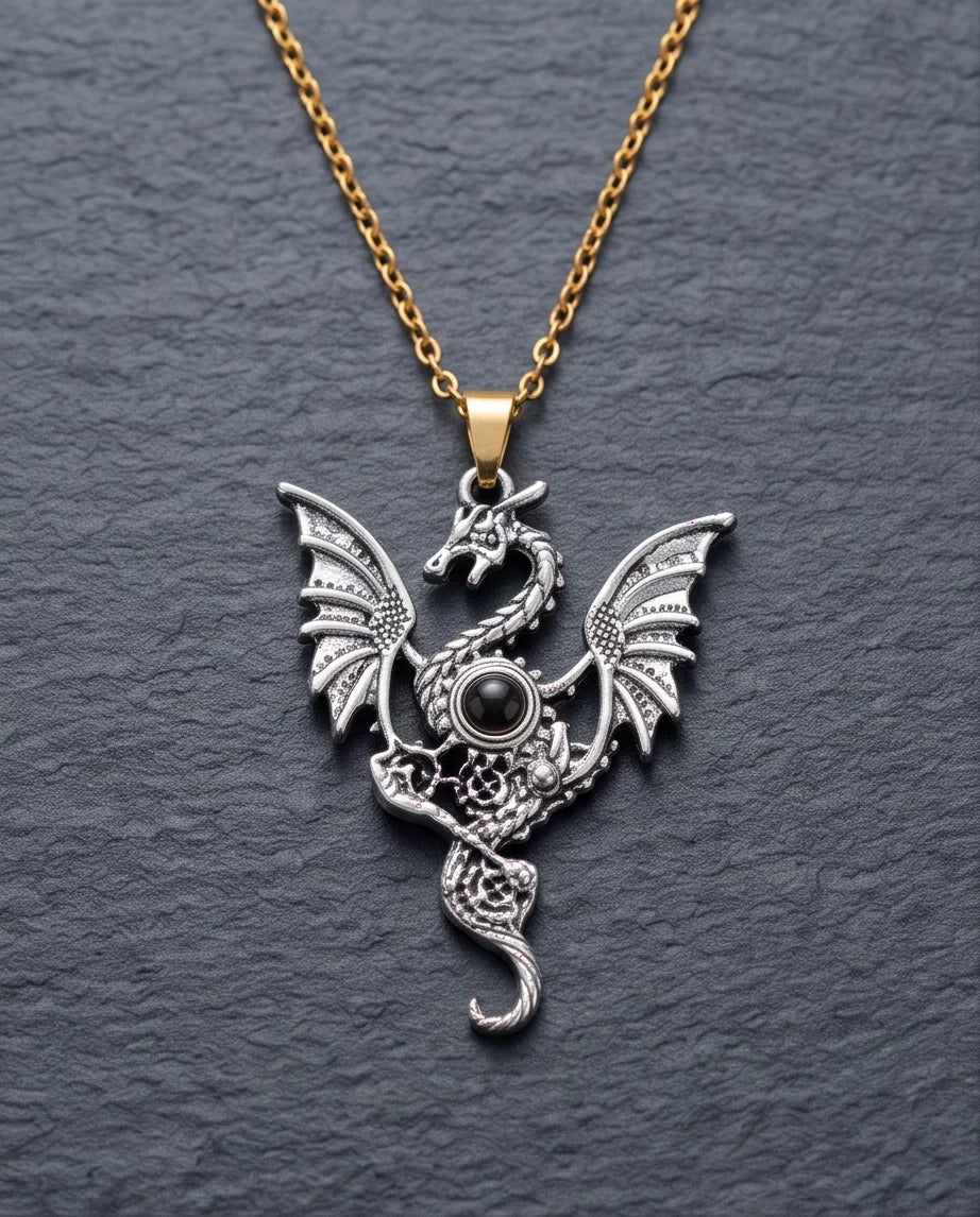 Silver Black Gemstone Dragon Pendant Necklace