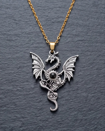 Silver Black Gemstone Dragon Pendant Necklace