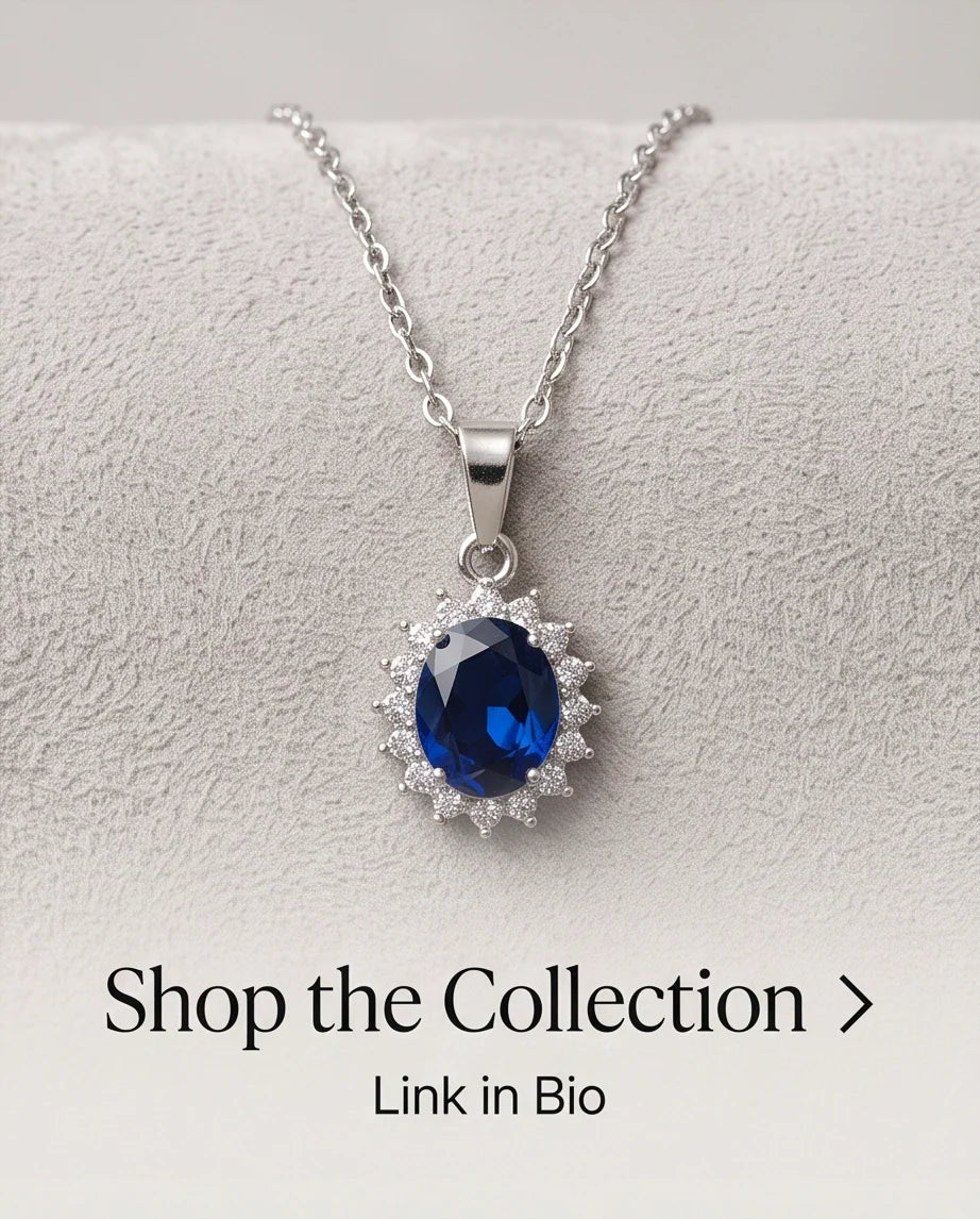 Silver Sapphire Blue Oval Halo Medallion Pendant Necklace