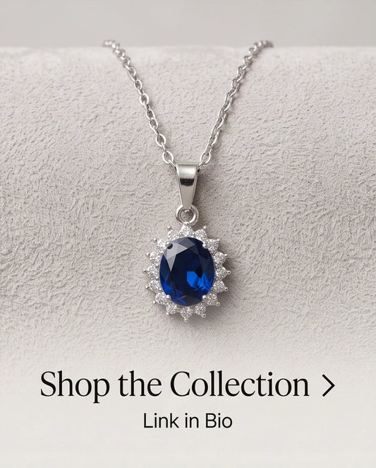 Silver Sapphire Blue Oval Halo Medallion Pendant Necklace