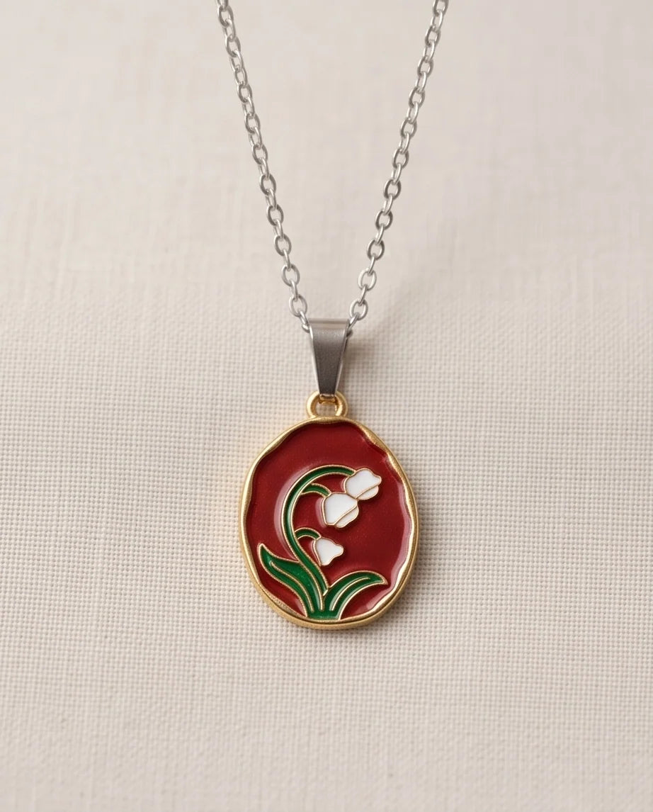 Gold Red Lily of the Valley Enamel Medallion Chain Necklace